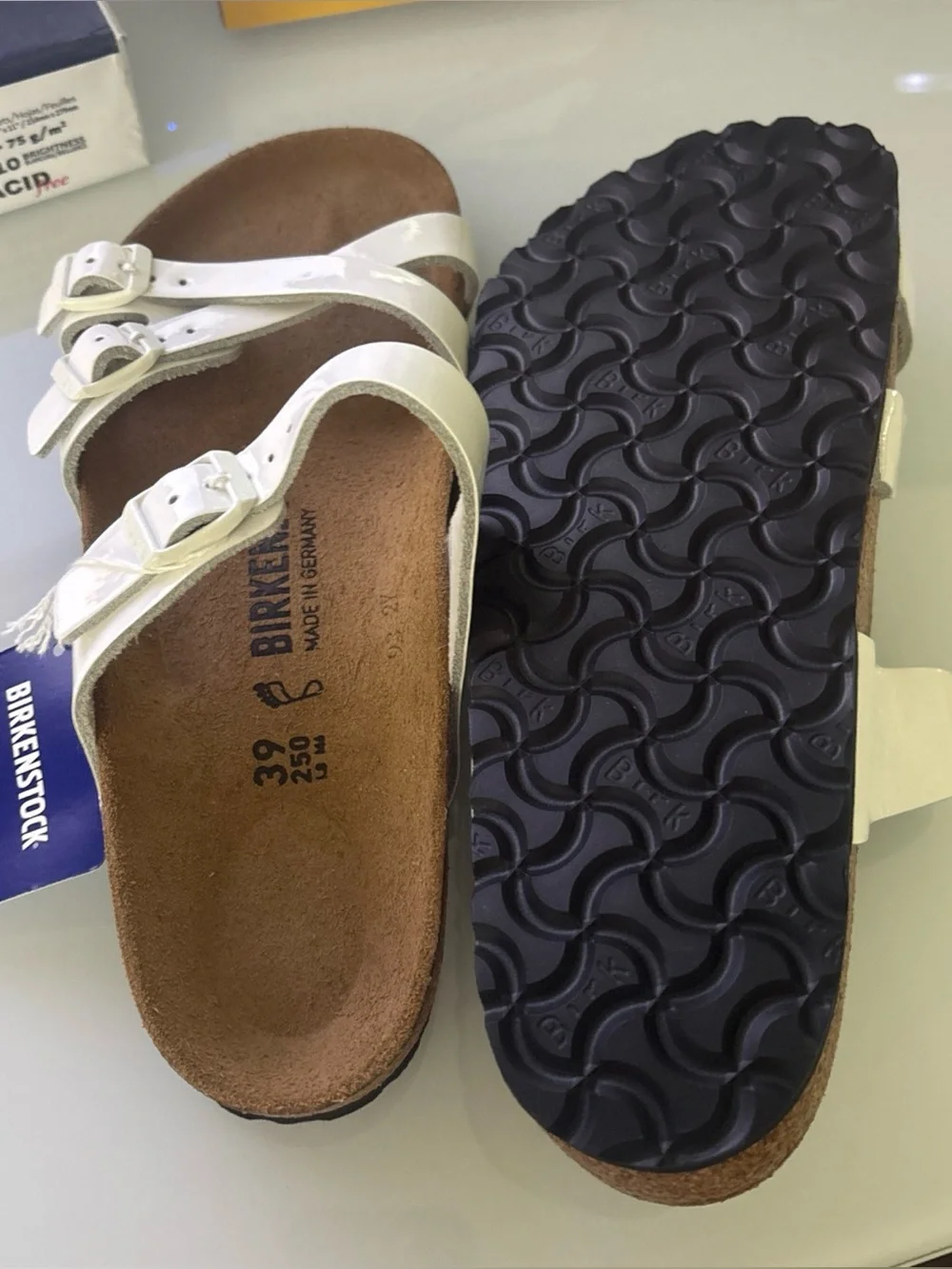 Birkenstock Franca White Patent Triple Strap Slide Sandals Womens 39 L8 M6